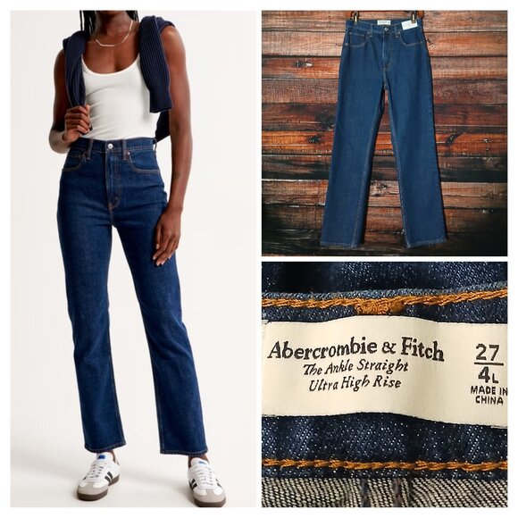 NWT Abercrombie Jeans Size 27 4 Long Ultra High Rise Ankle Straight Dark Denim - Picture 1 of 11